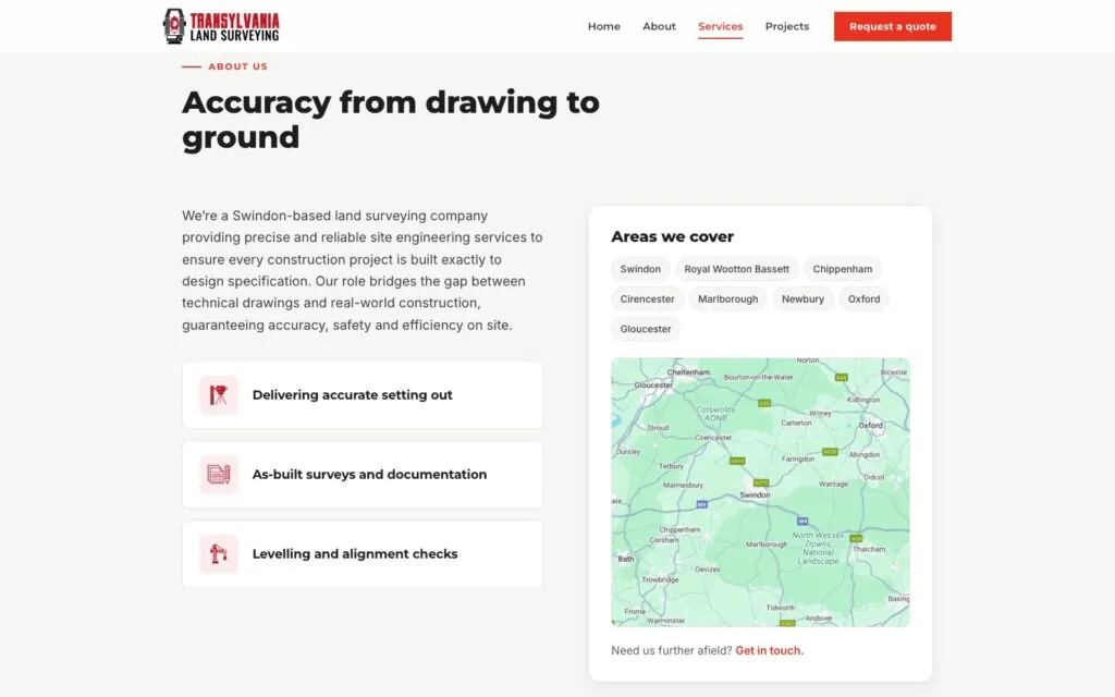 About section with areas covered map on the Transylvania Land Surveying website