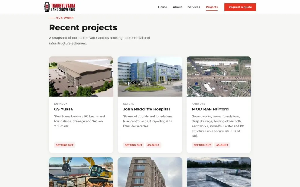 Recent projects section on the Transylvania Land Surveying website