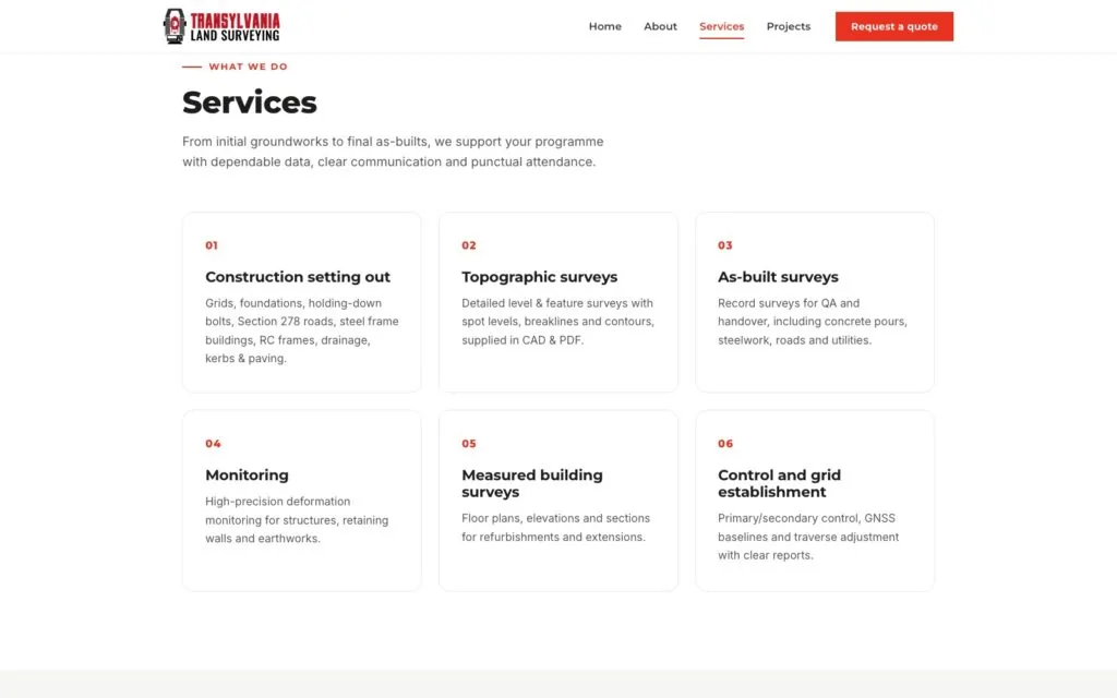 Services section on the Transylvania Land Surveying website