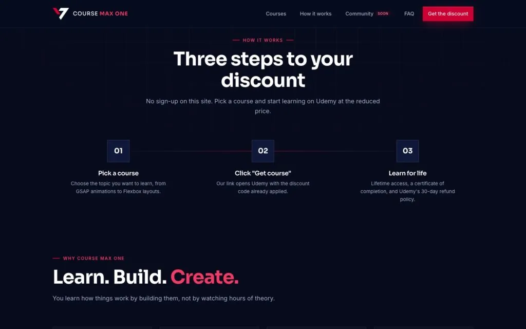 Three-step discount explainer on the Course Max One website